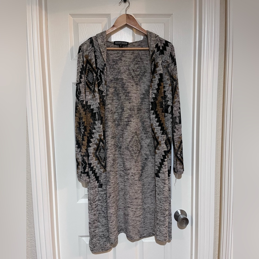 Gray Geometric Patterned Hooded Cardigan